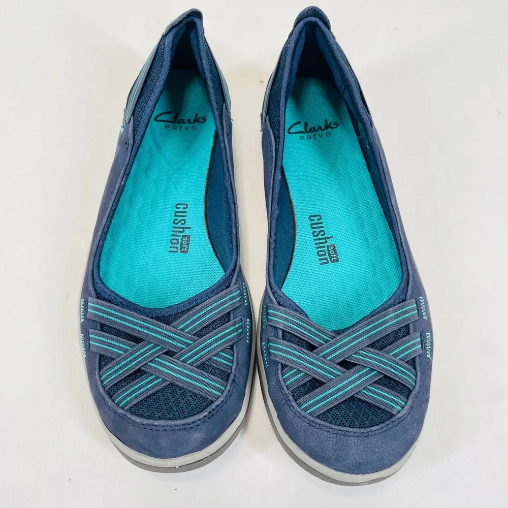 Clarks Privo Womens 7.5 Navy Blue Cushion Soft Mesh Slip On Flats 261238184050